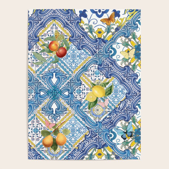 Sicilian Limones, italian mediterranean citrus fruit maiolica blue tiles Poster Gallery Image 4