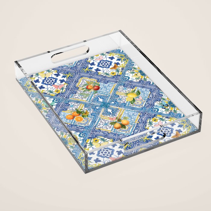 Sicilian Limones, italian mediterranean citrus fruit maiolica blue tiles Acrylic Tray Gallery Image 1