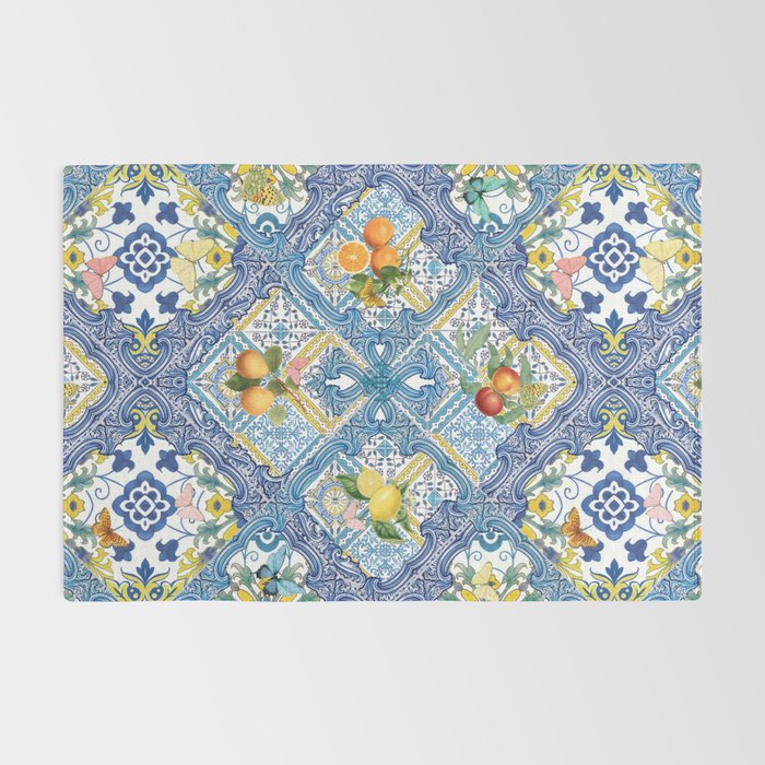 Sicilian Limones, italian mediterranean citrus fruit maiolica blue tiles Rug Gallery Image 2