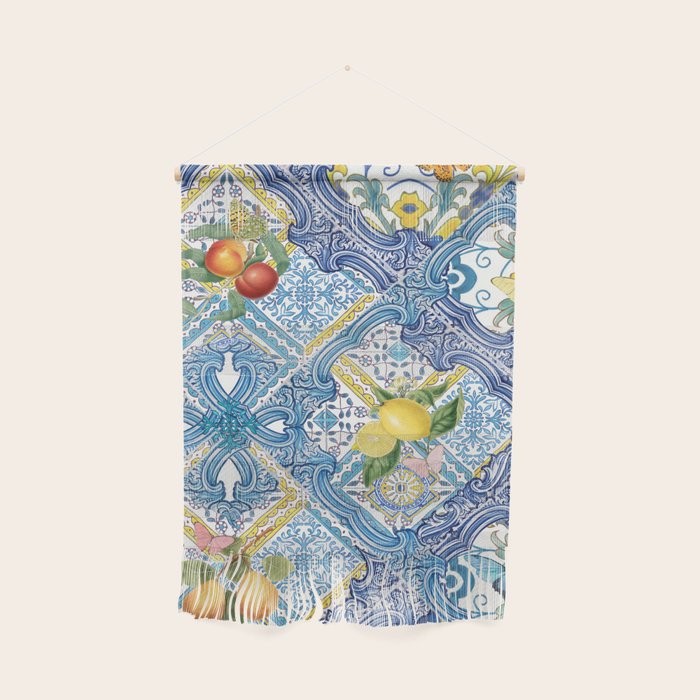 Sicilian Limones, italian mediterranean citrus fruit maiolica blue tiles Wall Hanging Gallery Image 1