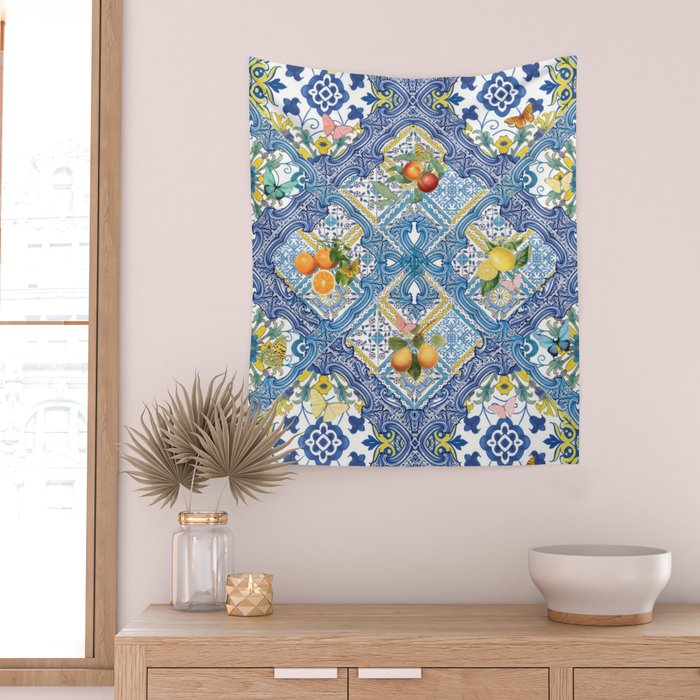 Sicilian Limones, italian mediterranean citrus fruit maiolica blue tiles Wall Tapestry Gallery Image 2