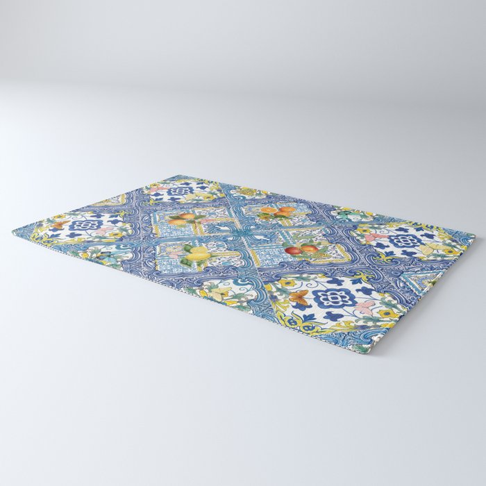 Sicilian Limones, italian mediterranean citrus fruit maiolica blue tiles Rug Gallery Image 3