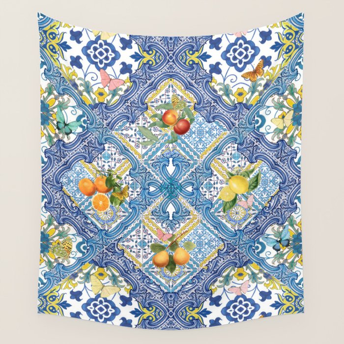 Sicilian Limones, italian mediterranean citrus fruit maiolica blue tiles Wall Tapestry Gallery Image 1