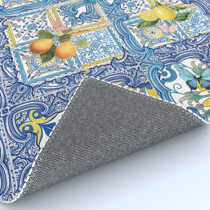 Sicilian Limones, italian mediterranean citrus fruit maiolica blue tiles Rug Gallery Image 4