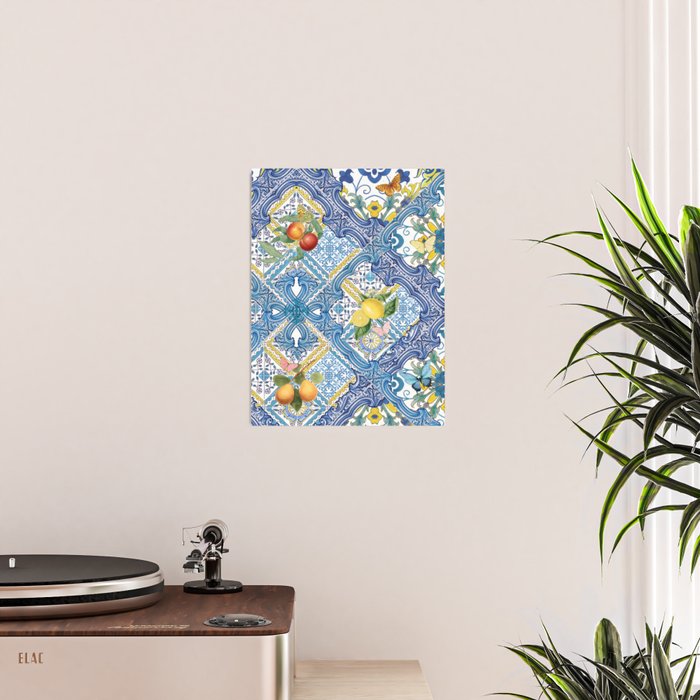 Sicilian Limones, italian mediterranean citrus fruit maiolica blue tiles Poster Gallery Image 2