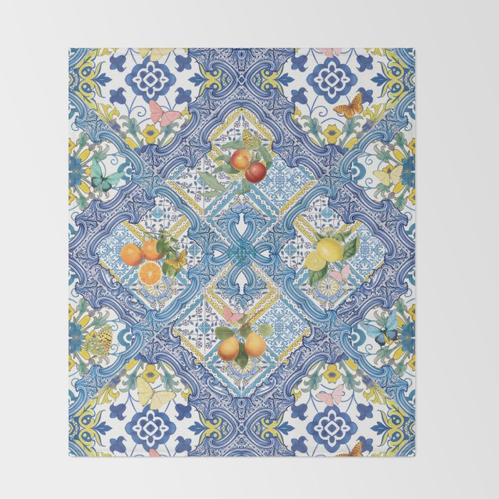 Sicilian Limones, italian mediterranean citrus fruit maiolica blue tiles Throw Blanket Gallery Image 2