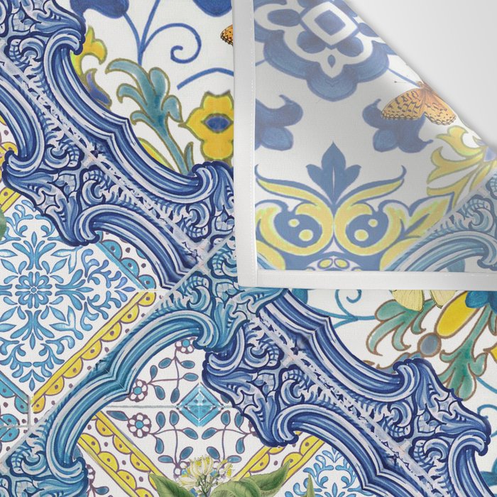 Sicilian Limones, italian mediterranean citrus fruit maiolica blue tiles Wall Tapestry Gallery Image 3
