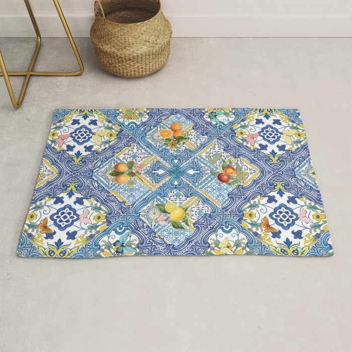 Sicilian Limones, italian mediterranean citrus fruit maiolica blue tiles Rug Gallery Image 1