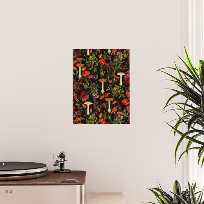 Vintage Dark Red Mushrooms And Poppies Botanical Midnight Garden Poster Gallery Image 2