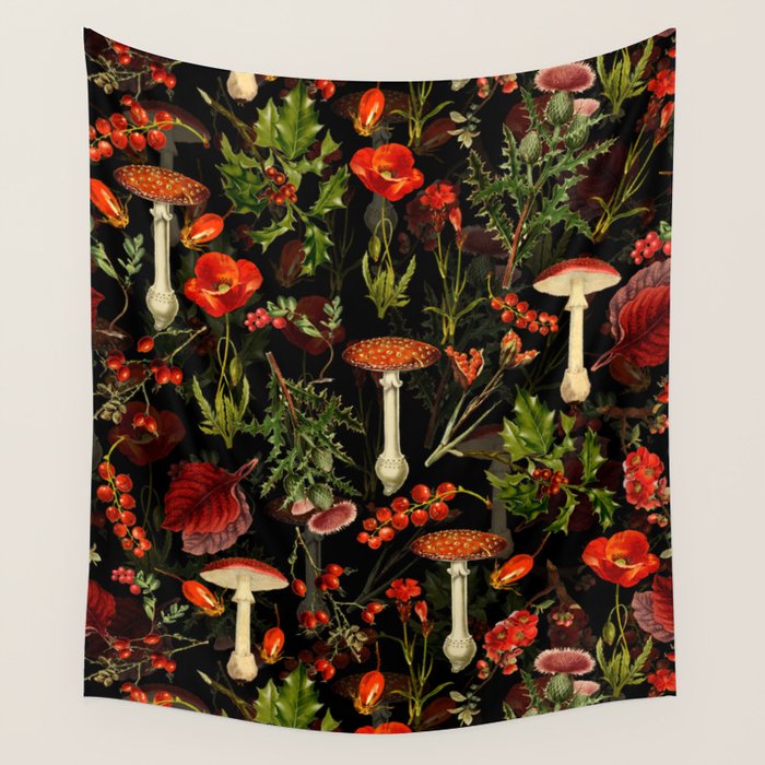 Vintage Dark Red Mushrooms And Poppies Botanical Midnight Garden Wall Tapestry Gallery Image 1