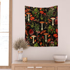 Vintage Dark Red Mushrooms And Poppies Botanical Midnight Garden Wall Tapestry Gallery Image 2