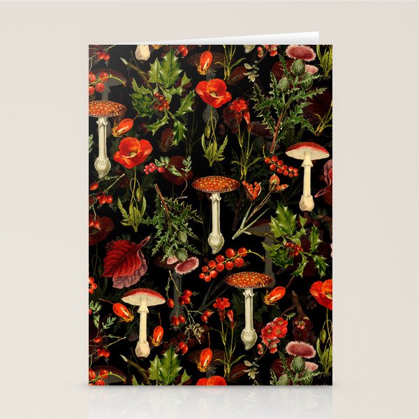 Vintage Dark Red Mushrooms And Poppies Botanical Midnight Garden Stationery Card Gallery Image 2