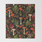 Vintage Dark Red Mushrooms And Poppies Botanical Midnight Garden Throw Blanket Gallery Image 2