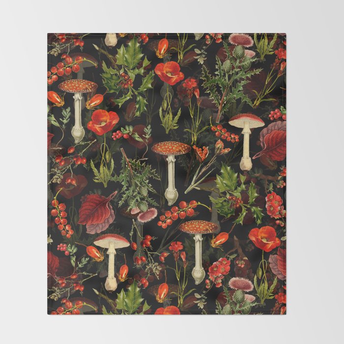 Vintage Dark Red Mushrooms And Poppies Botanical Midnight Garden Throw Blanket Gallery Image 2