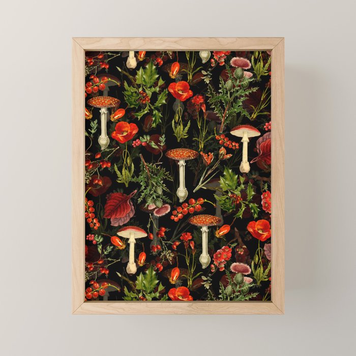 Vintage Dark Red Mushrooms And Poppies Botanical Midnight Garden Mini Art Print Gallery Image 1