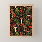 Vintage Dark Red Mushrooms And Poppies Botanical Midnight Garden Mini Art Print Gallery Image 1