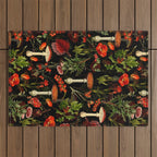 Vintage Dark Red Mushrooms And Poppies Botanical Midnight Garden Outdoor Rug Gallery Image 1
