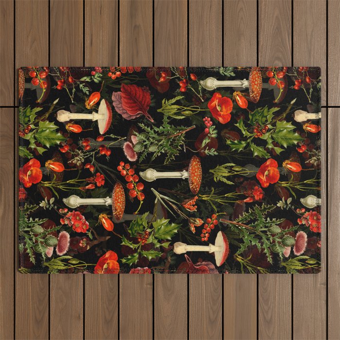 Vintage Dark Red Mushrooms And Poppies Botanical Midnight Garden Outdoor Rug Gallery Image 1