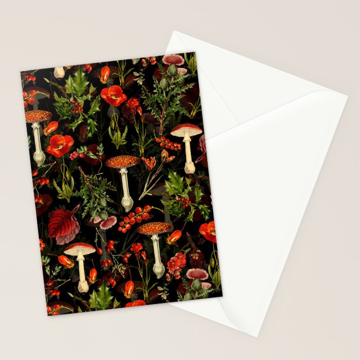 Vintage Dark Red Mushrooms And Poppies Botanical Midnight Garden Stationery Card Gallery Image 2