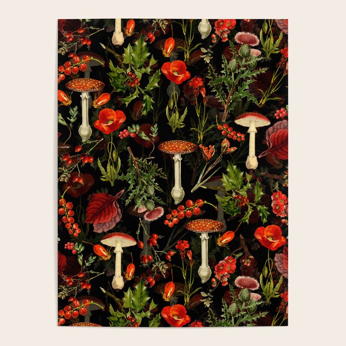 Vintage Dark Red Mushrooms And Poppies Botanical Midnight Garden Poster Gallery Image 4