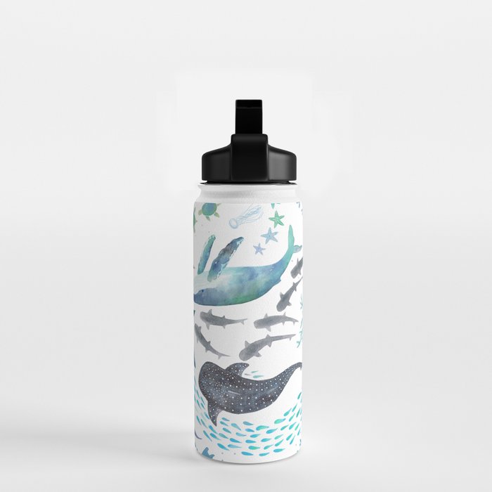 Sharks, Humpback Whales, Orcas & Turtles Ocean Play Print Water Bottle Gallery Image 2
