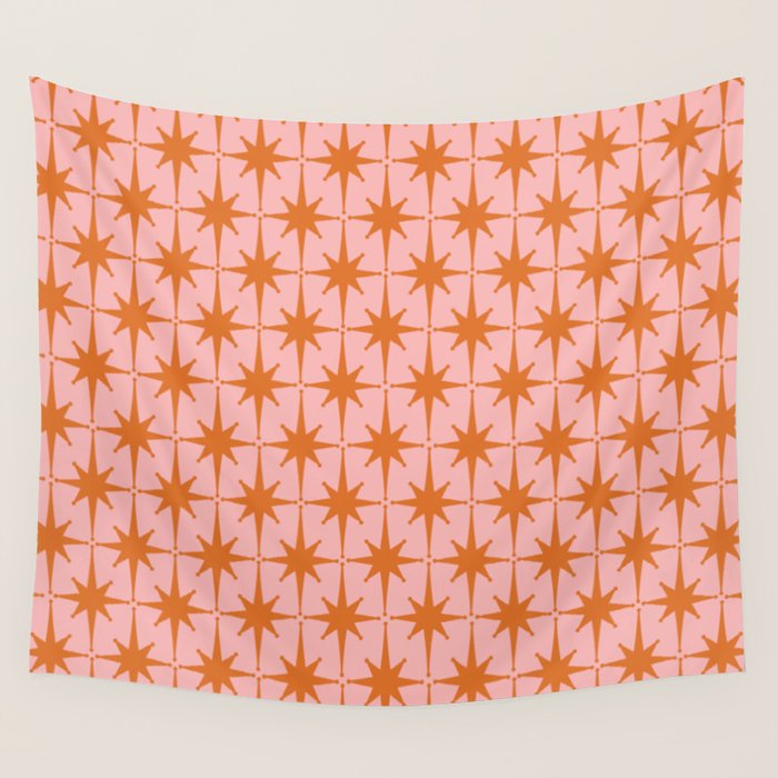 Retro Vintage 50s Starbursts Pattern in Pink and Orange Wall Tapestry Gallery Image 1