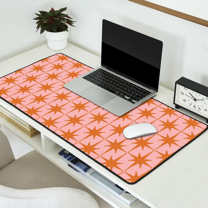 Retro Vintage 50s Starbursts Pattern in Pink and Orange Desk Mat Gallery Image 2