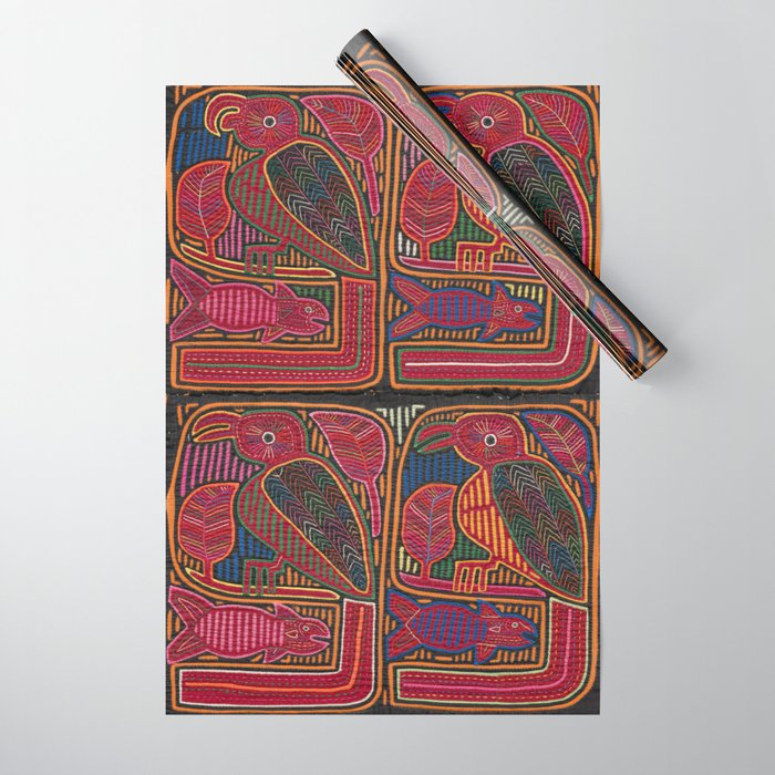 Birds and Fish Vintage Mola Textile Wrapping Paper Gallery Image 1