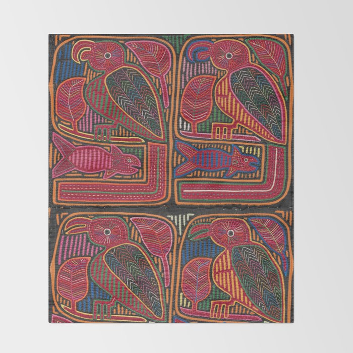 Birds and Fish Vintage Mola Textile Throw Blanket Gallery Image 2