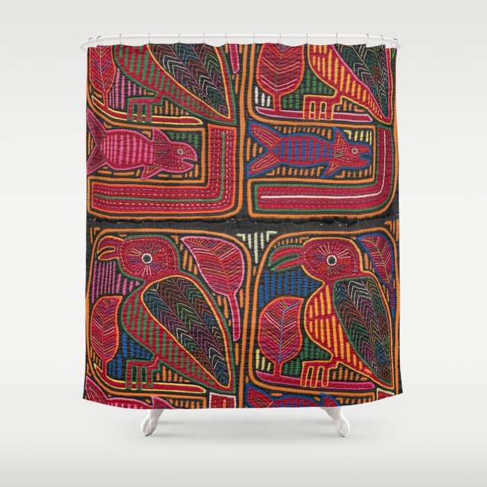 Birds and Fish Vintage Mola Textile Shower Curtain Gallery Image 1