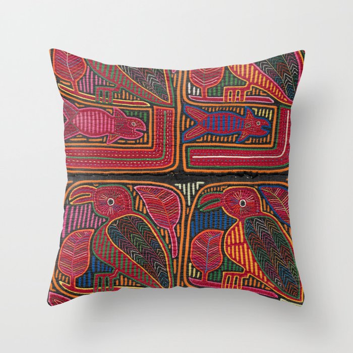 Birds and Fish Vintage Mola Textile Throw Pillow Gallery Image 6