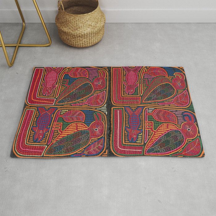 Birds and Fish Vintage Mola Textile Rug Gallery Image 1