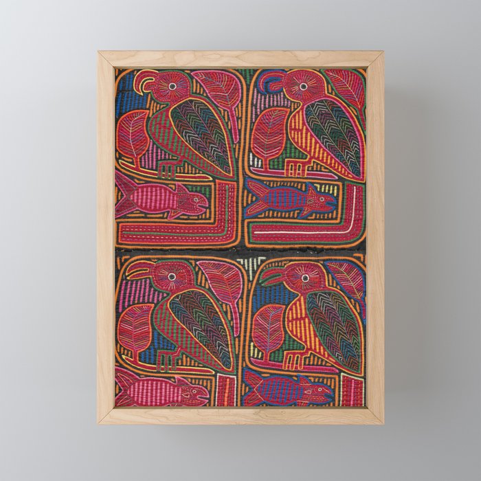 Birds and Fish Vintage Mola Textile Mini Art Print Gallery Image 1