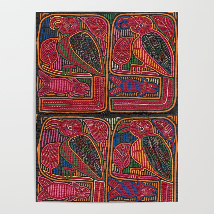 Birds and Fish Vintage Mola Textile Poster Gallery Image 1