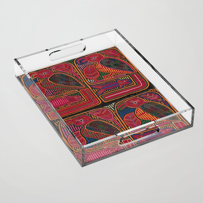 Birds and Fish Vintage Mola Textile Acrylic Tray Gallery Image 1