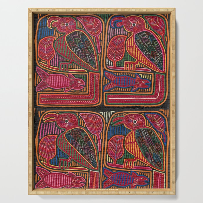 Birds and Fish Vintage Mola Textile Serving Tray Gallery Image 1