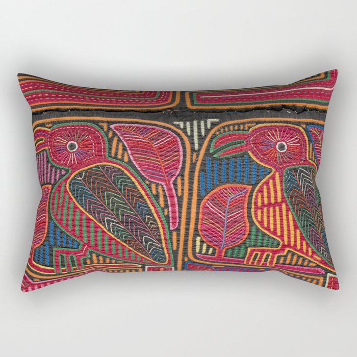 Birds and Fish Vintage Mola Textile Rectangular Pillow Gallery Image 1