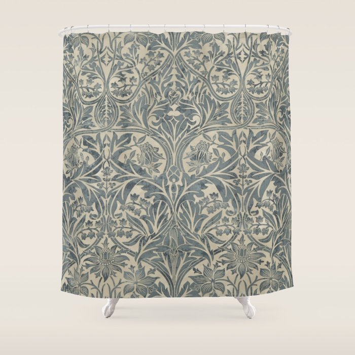 William Morris Vintage Bluebell Blue Sea Green Vellum Shower Curtain Gallery Image 1