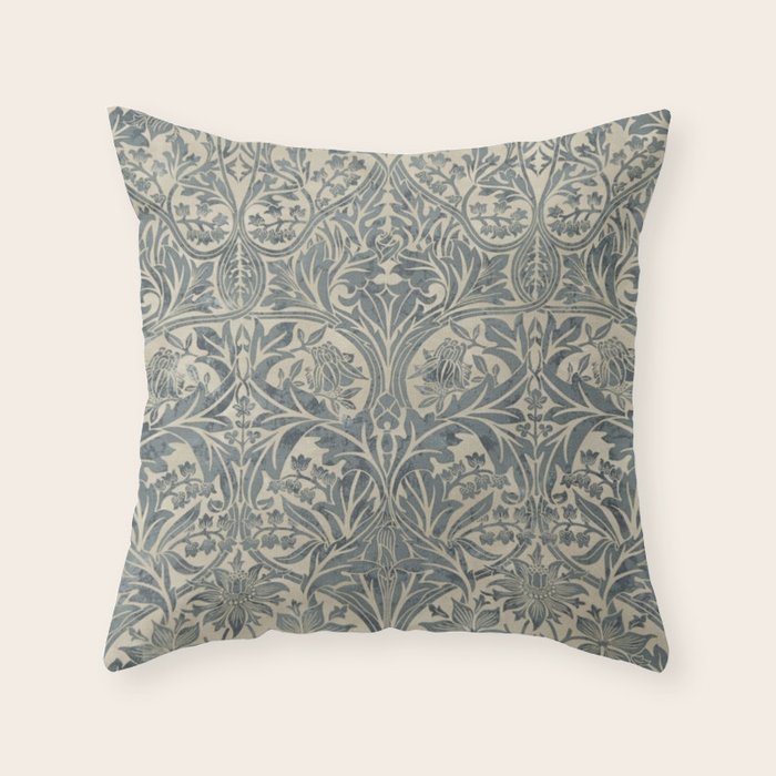 William Morris Vintage Bluebell Blue Sea Green Vellum Throw Pillow Gallery Image 6