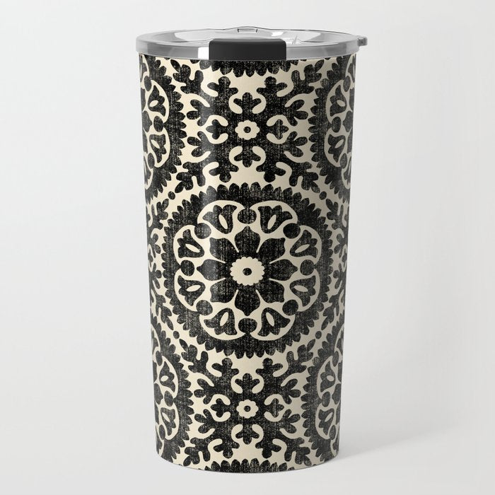 Folk Art Mandala - black and cream Travel Mug Gallery Image 1