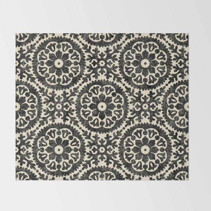 Folk Art Mandala - black and cream Throw Blanket Gallery Image 2