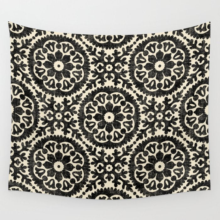 Folk Art Mandala - black and cream Wall Tapestry Gallery Image 4