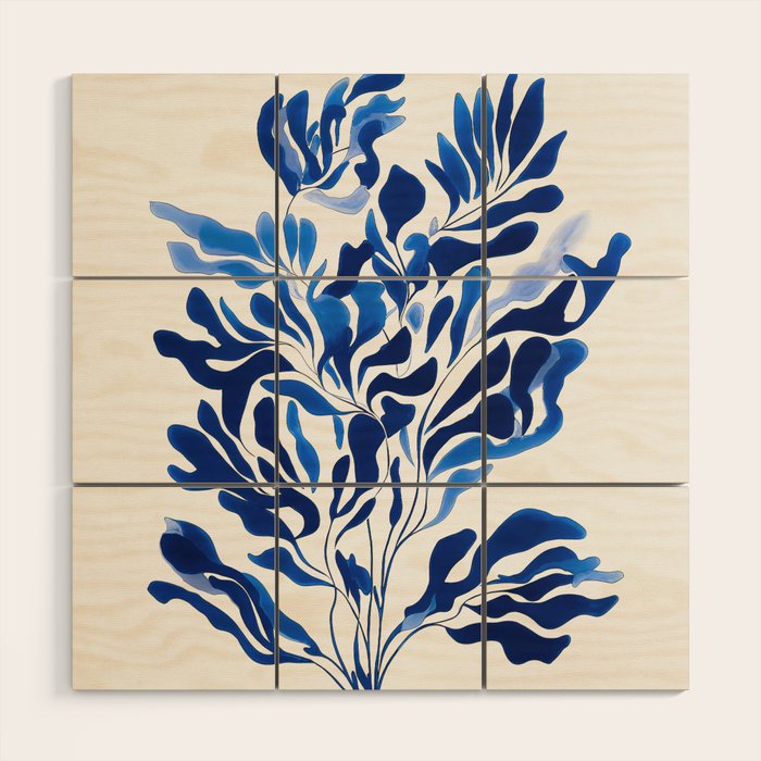 Blue Floral Print Minimalist Japanese Wall Art Wood Wall Art Gallery Image 1