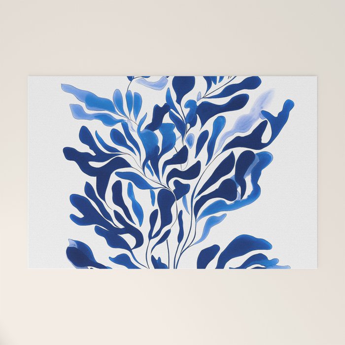 Blue Floral Print Minimalist Japanese Wall Art Welcome Mat Gallery Image 1