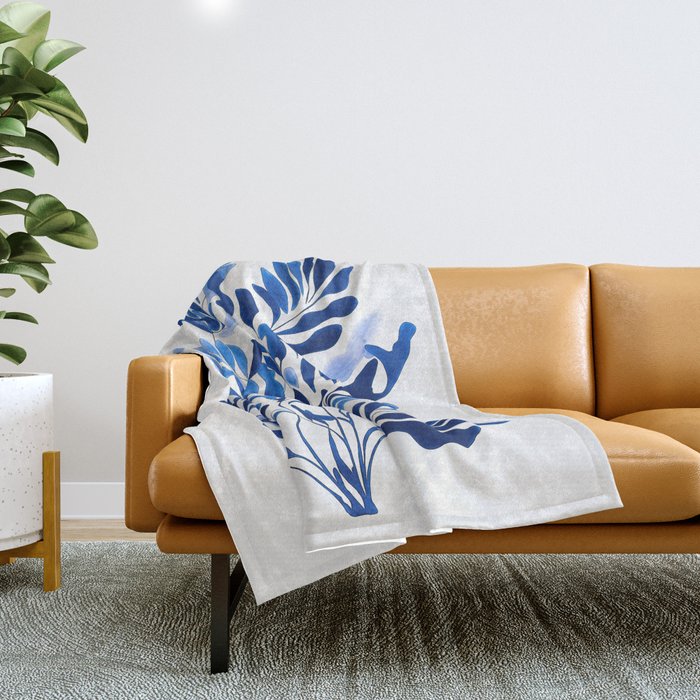 Blue Floral Print Minimalist Japanese Wall Art Throw Blanket Gallery Image 1