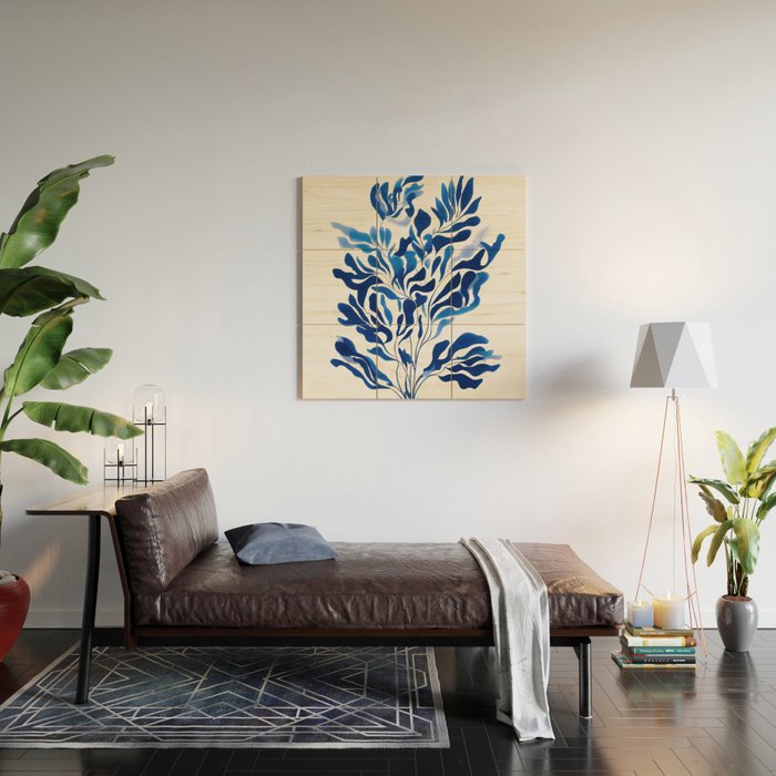 Blue Floral Print Minimalist Japanese Wall Art Wood Wall Art Gallery Image 2