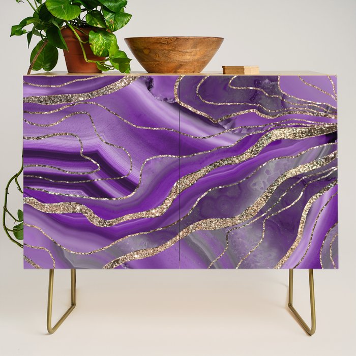 Purple Gray Agate Gold Glitter Glam #1 (Faux Glitter) #marble #decor #art #society6 Credenza Gallery Image 1