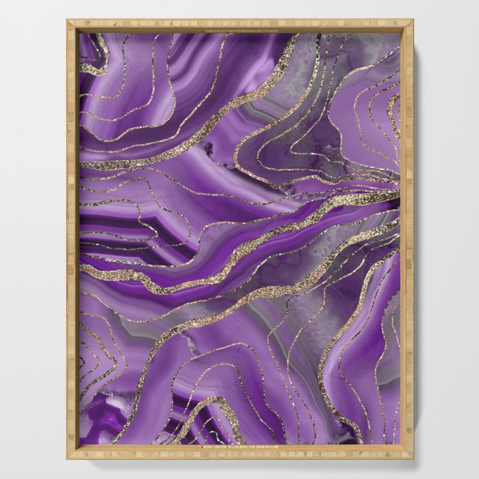 Purple Gray Agate Gold Glitter Glam #1 (Faux Glitter) #marble #decor #art #society6 Serving Tray Gallery Image 1