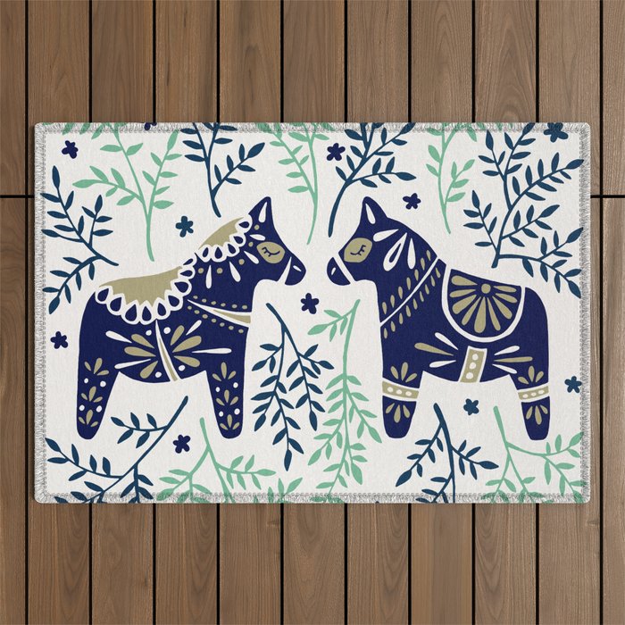 Swedish Dala Horse - Navy & Mint Palette Outdoor Rug Gallery Image 1