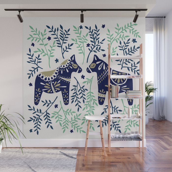 Swedish Dala Horse - Navy & Mint Palette Wall Mural Gallery Image 1